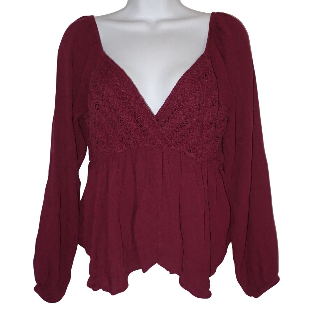 Hollister Baby Doll Top Women L Maroon‎ Y2K Cropped V neck Long Sleeve